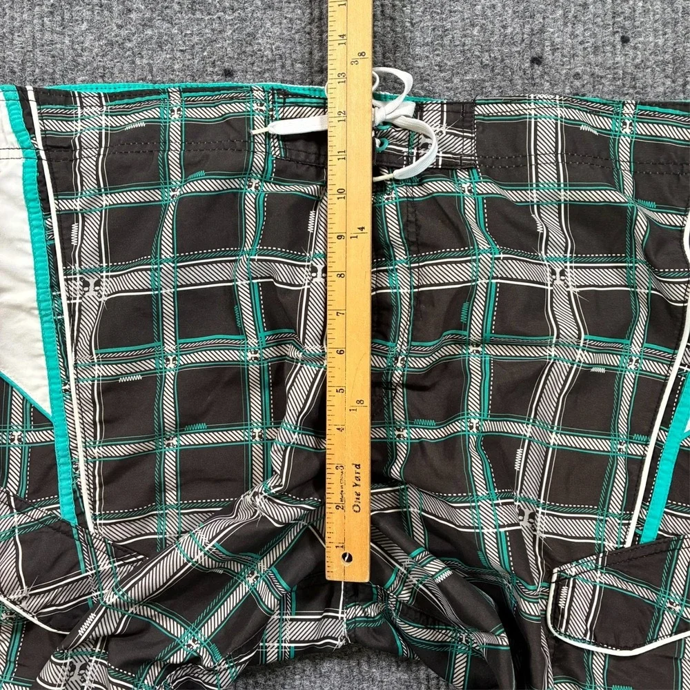Joe Boxer Mens Swim Shorts Size XL Plaid Black Teal Drawstring Lined‎ Pockets